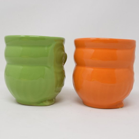 2 Owl Mugs Ceramic Orange Green 12 oz 3D Shaped Retro Boho - Picture 6 of 11